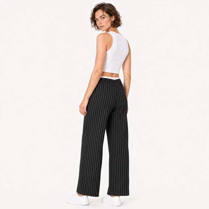 Pantalon Amplio Para Mujer Mod. W61100 Marca Bobois® Negro Rayas M