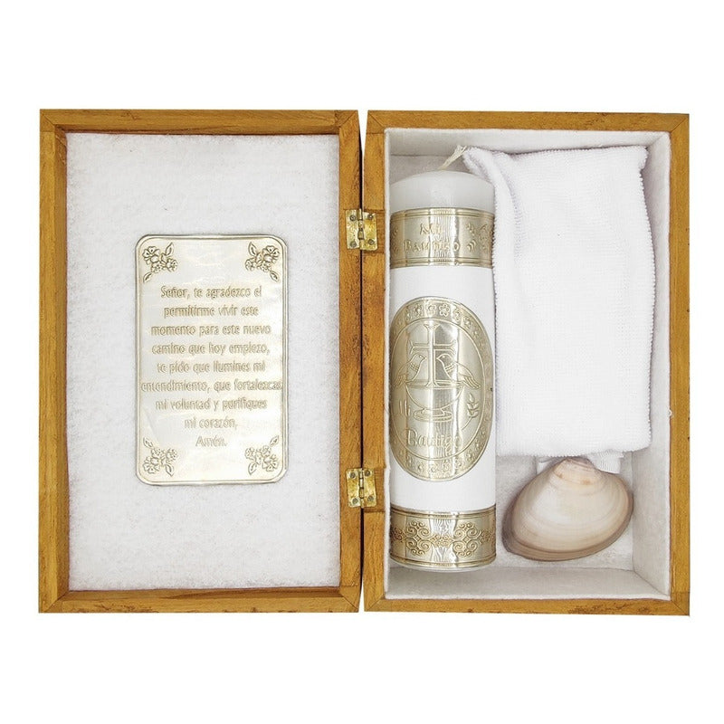 Set Para Bautizo Vela+concha+toalla+caja De Madera