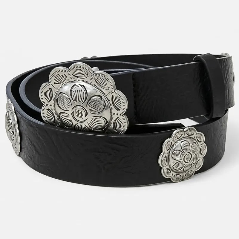 Cinturon Estilo Boho Western Con Hebilla Floral Para Mujer Negro Lisa 100 Cm