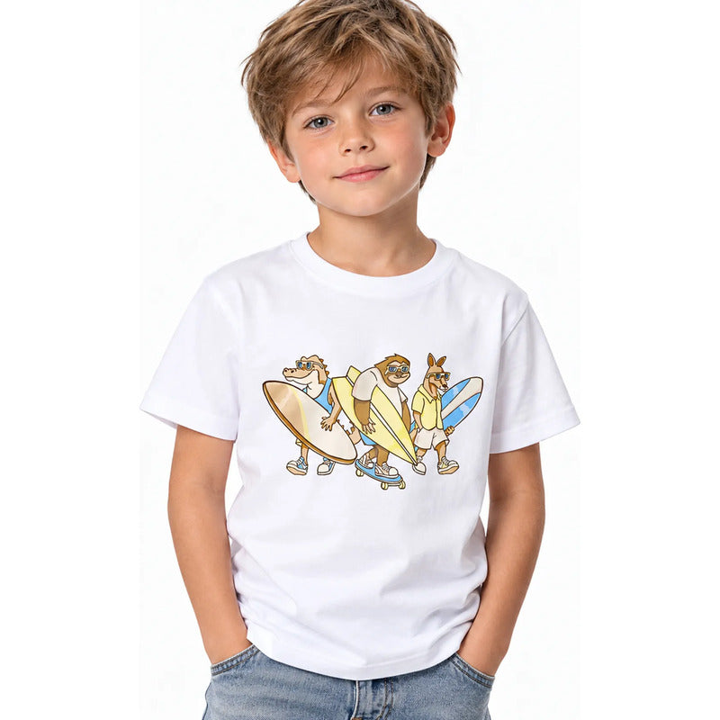 Playera Casual Para Niño Mod.3063 Marca Mayoral® Blanco Animales Surfistas 9 Años Lisa