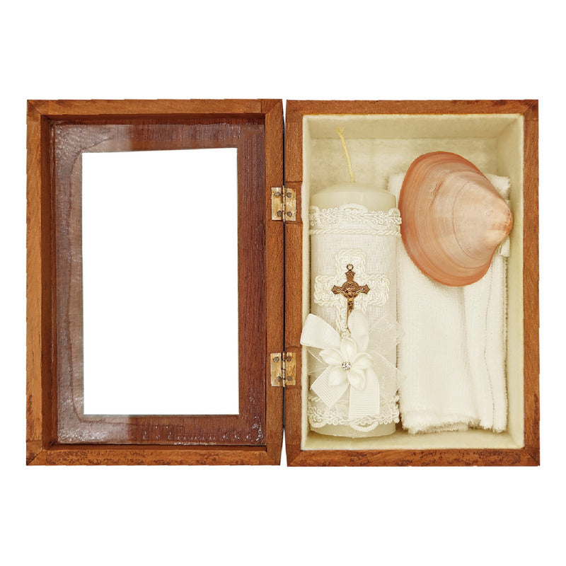 Set Para Bautizo Vela+concha+toalla+caja De Madera