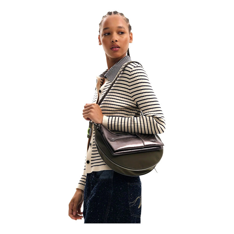 Bolso Doble Para Dama Mod. 25waxpah Marca Desigual® Verde Musgo/ Níquel Lisa Níquel Verde Musgo