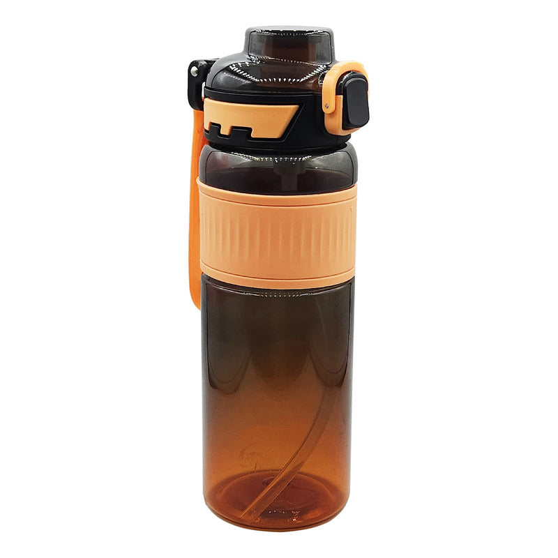 Botella Con Correa 1lt Con Popote Marca Nuvó® Sport Negro-naranja