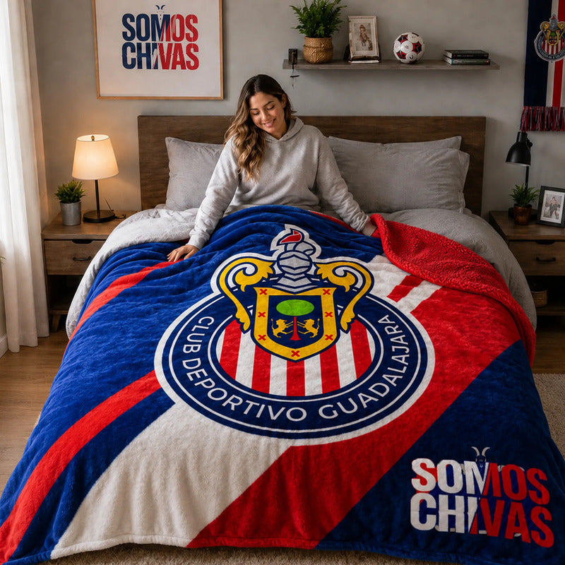 Cobertor Edredón De Borrega Matrimonial Providencia® Futbol Somos Chivas 1 Kg Multicolor