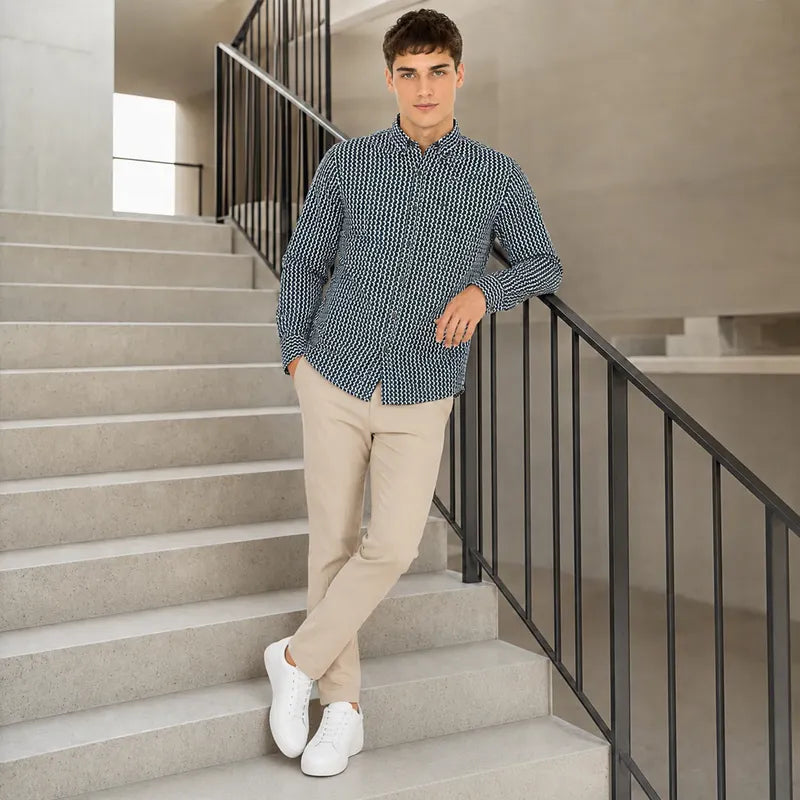 Camisa Casual Para Hombre Mod. Coello Marca Dario Beltran® Multicolor Geométrico G