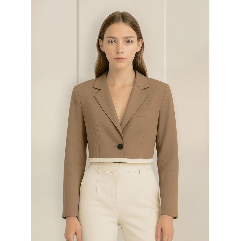 Blazer Casual Corto Para Dama Mod. Bj07377 Marca. Blashe® Marrón Claro Lisa M