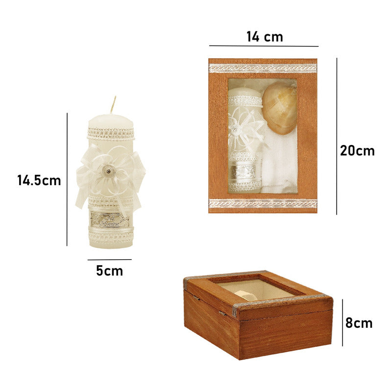 Set Para Bautizo Vela+concha+toalla+caja De Madera