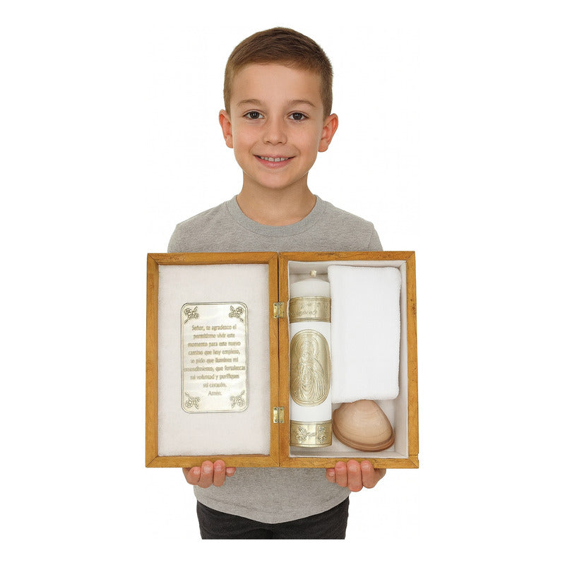 Set Para Bautizo Vela+concha+toalla+caja De Madera