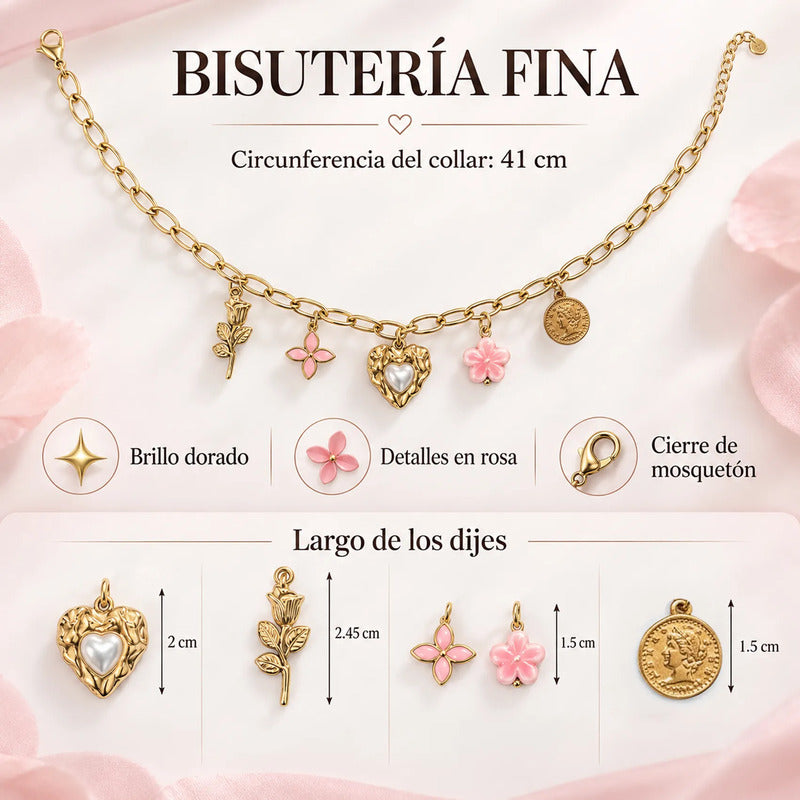 Collar Dorado Para Mujer Con Dijes Románticos Bisutería Fina Dorado