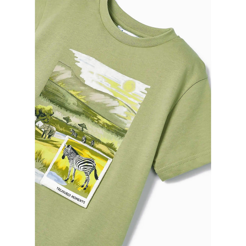 Playera Casual Comoda Para Niño Marca Mayoral® Verde Claro Safari 2 Estampa Localizada