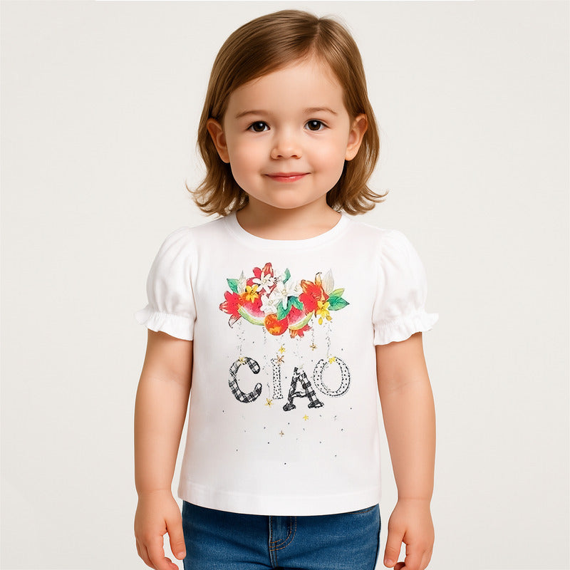 Playera Casual Para Niña Mod.3004 Marca Mayoral® Blanco Frutas 3 Lisa