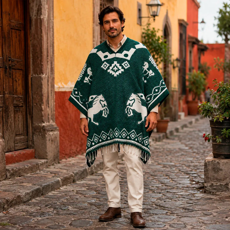 Jorongo Gaban Artesanal Mexicano Colores Caballos Herradura Verde Oscuro Caballos Herraduras Xg