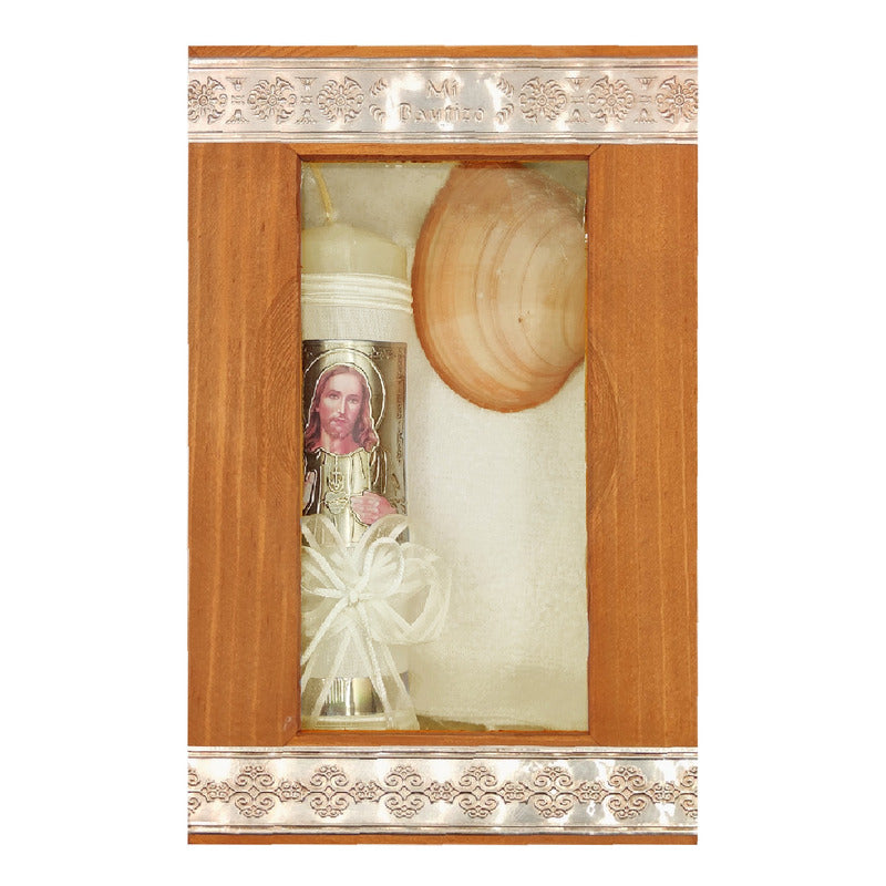 Set Para Bautizo Vela+concha+toalla+caja De Madera