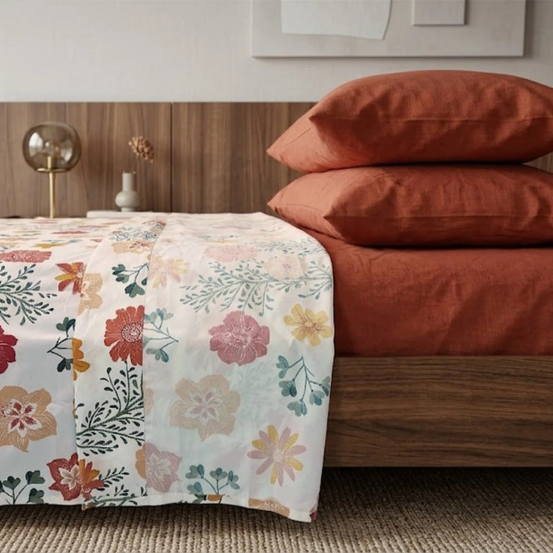 Juego De Sabanas Matrimonial 6pz Tacto Algodón Ultra Suave Multicolor Terracota Flores