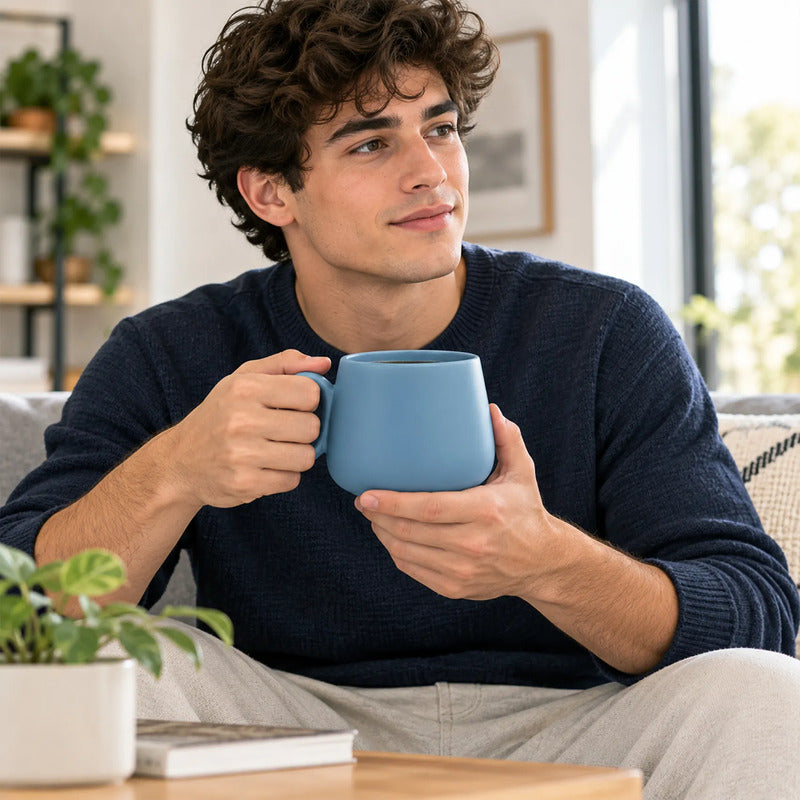 Taza Tarro De Cerámica 600ml Con Asa Diseño Minimalista Azul 2415-5676 Liso