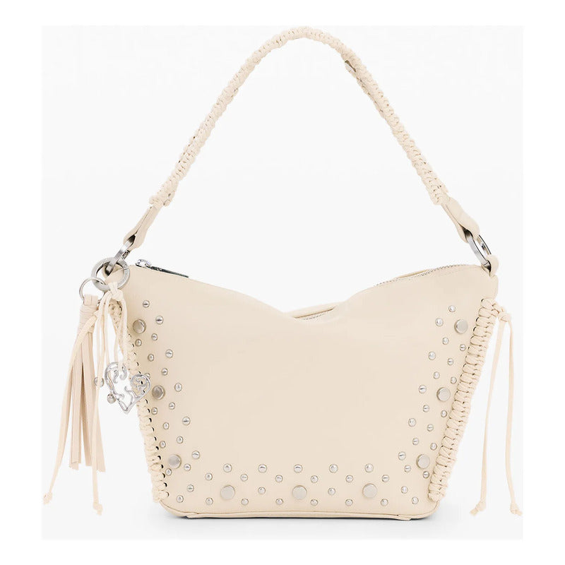 Bolso Mediano Con Tachuelas Y Flecos 26saxpar/1008 Desigual® Beige Lisa Níquel