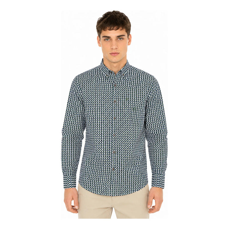 Camisa Casual Para Hombre Mod. Coello Marca Dario Beltran® Multicolor Geométrico G
