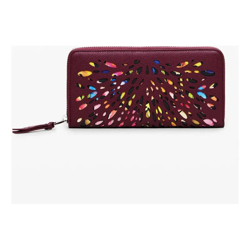 Cartera Para Dama Bordada Mod. 25sapy Marca Desigual® Color Vino Diseño De La Tela Troquelada