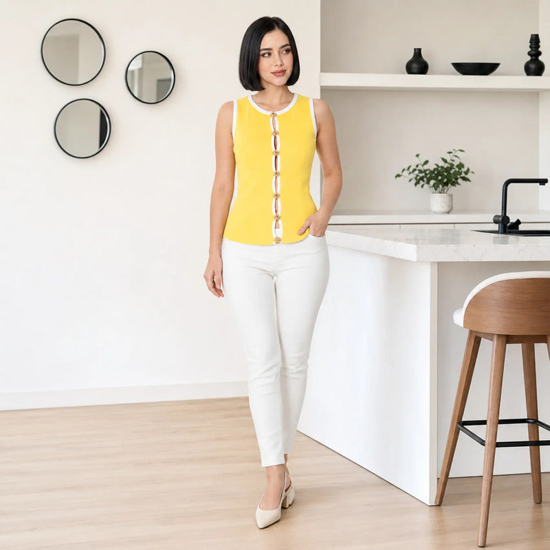 Blusa De Mujer Con Decoración Frontal Aml-6288 Marca Aspik® Amarillo Lisa Ch