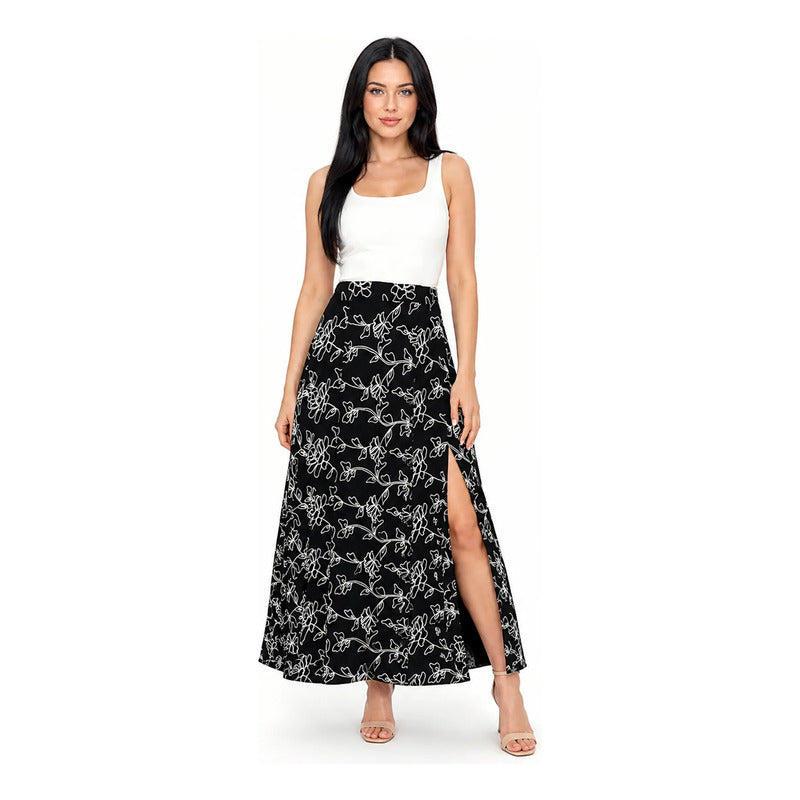 Falda Larga Con Abertura Frontal Mod.28177 Marca Stop® Negro Floreado G