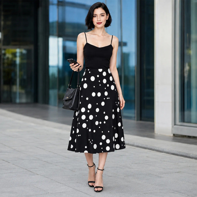 Falda Midi Para Mujer Mod. 4138pd Marca Exotica® Negro Lunares G