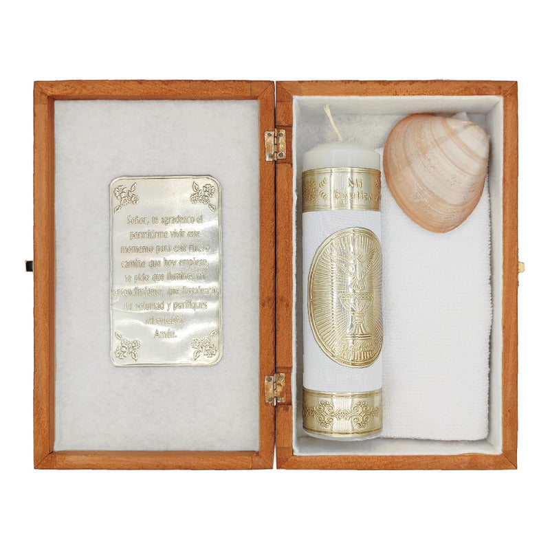 Set Para Bautizo Vela+concha+toalla+caja De Madera