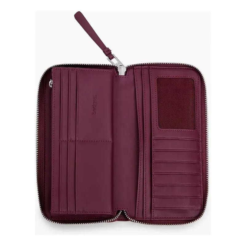 Cartera Para Dama Bordada Mod. 25sapy Marca Desigual® Color Vino Diseño De La Tela Troquelada