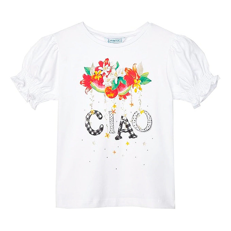 Playera Casual Para Niña Mod.3004 Marca Mayoral® Blanco Frutas 3 Lisa