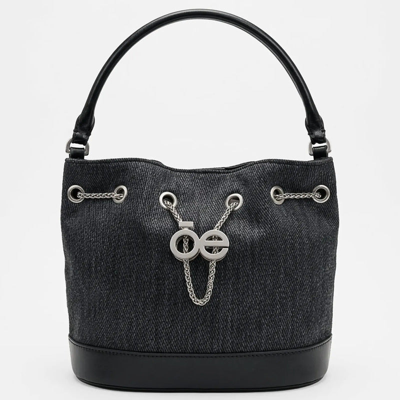 Bolso Drawstring Mediano Para Mujer Marca Cloe® Negro Lisa Níquel