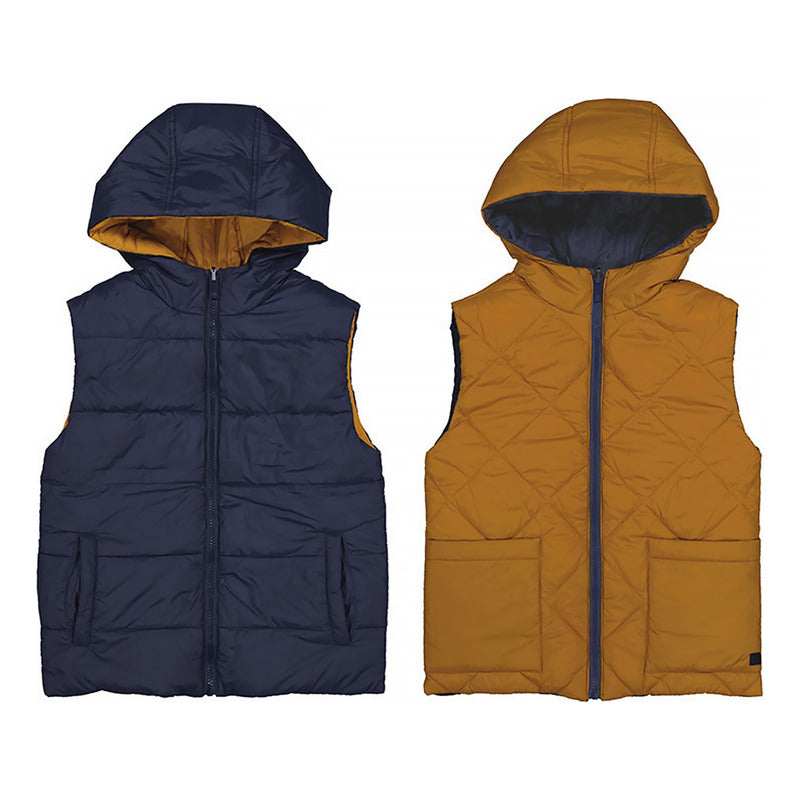 Chaleco Reversible Con Gorro Para Niño M.7397 Marca Mayoral® Azul Oscuro/mostaza Lisa 14
