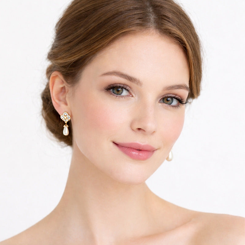 Aretes Elegantes Gota De Perla Para Mujer Bisutería Fina Beige