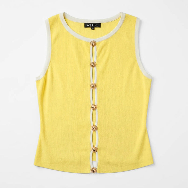 Blusa De Mujer Con Decoración Frontal Aml-6288 Marca Aspik® Amarillo Lisa M