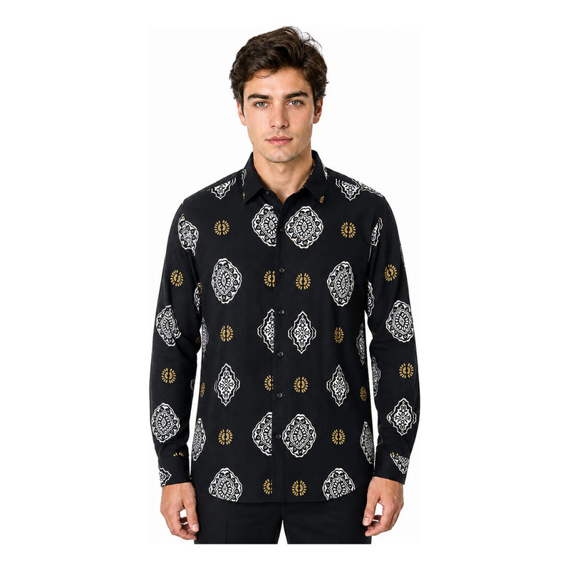 Camisa Casual Para Hombre Mod. B45519 Marca Bobois® Multicolor Geométrico M