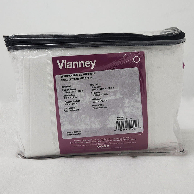 Juego De Sábanas Queen Size Mod. Cabos 100% Algodon Vianney® Blanco Liso