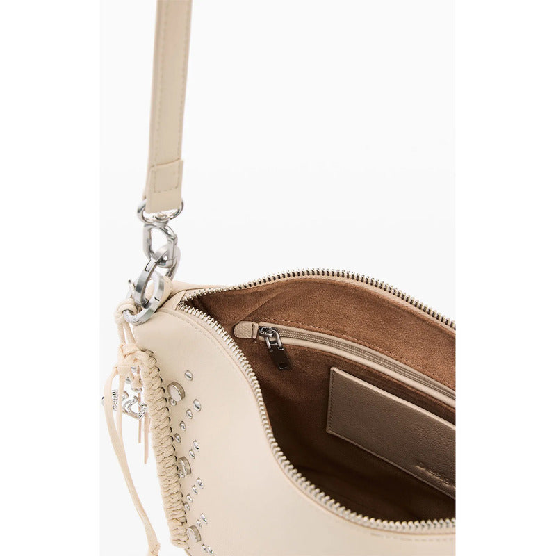 Bolso Mediano Con Tachuelas Y Flecos 26saxpar/1008 Desigual® Beige Lisa Níquel