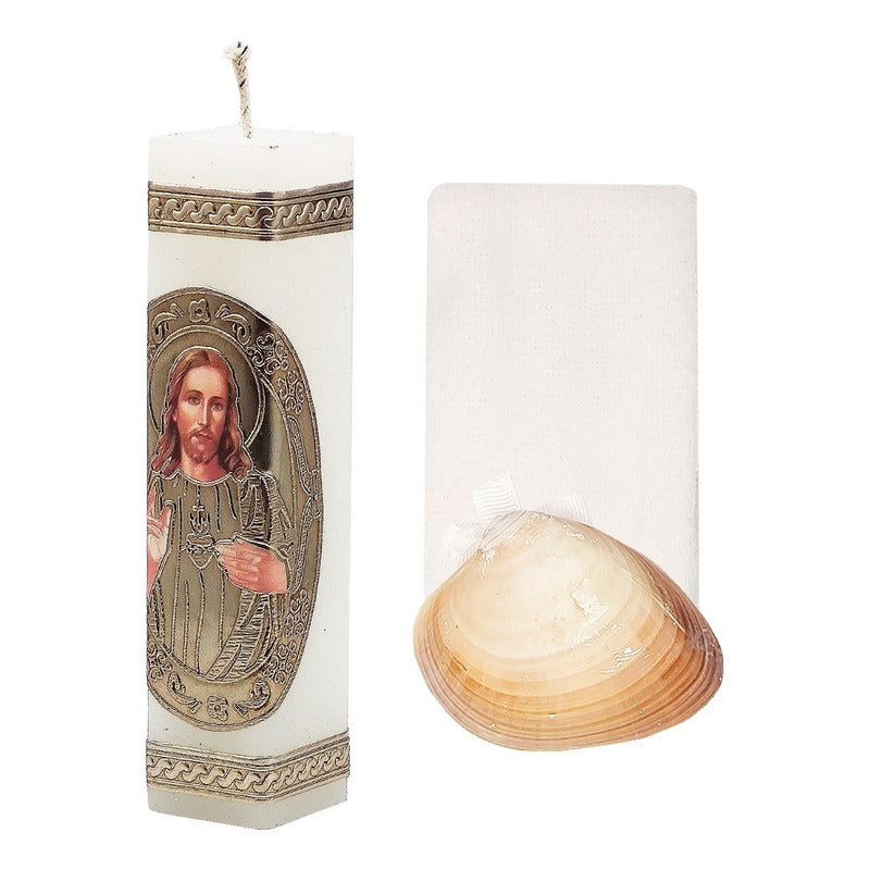 Set Para Bautizo Vela+concha+toalla+caja De Madera