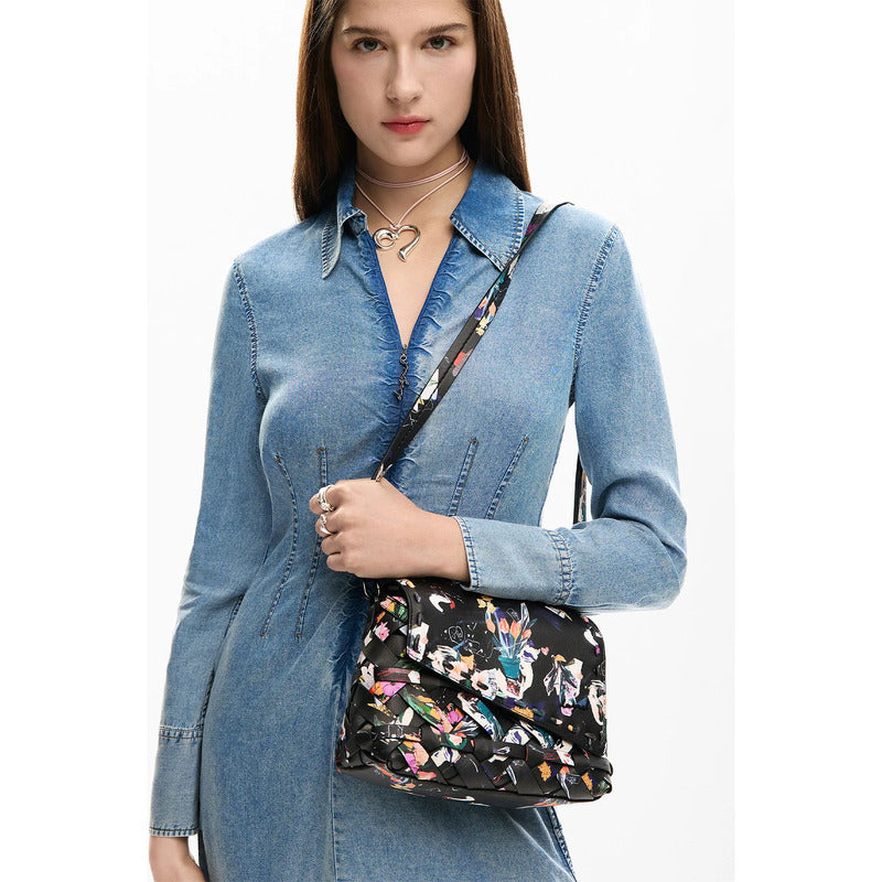 Bolso Pequeño Trenzado Para Mujer 26saxpb0/2000 Desigual® Negro Floreado Níquel Multicolor