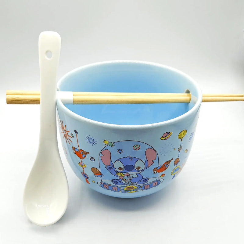 Tazón Ramen De Cerámica + Cubiertos Stitch 600ml Fun Kids® Azul Claro