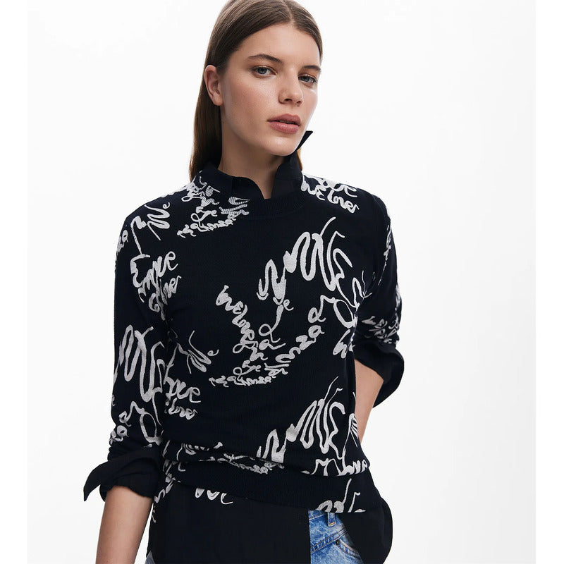 Suéter Ligero Para Mujer 25swjf04/2000 Marca Desigual® Negro Letras Xxl