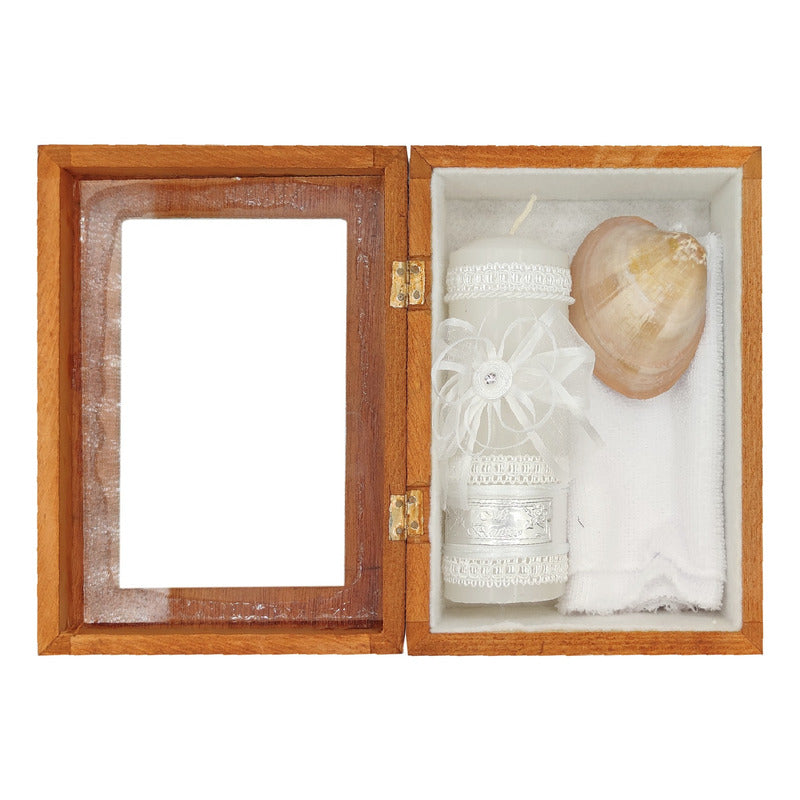 Set Para Bautizo Vela+concha+toalla+caja De Madera
