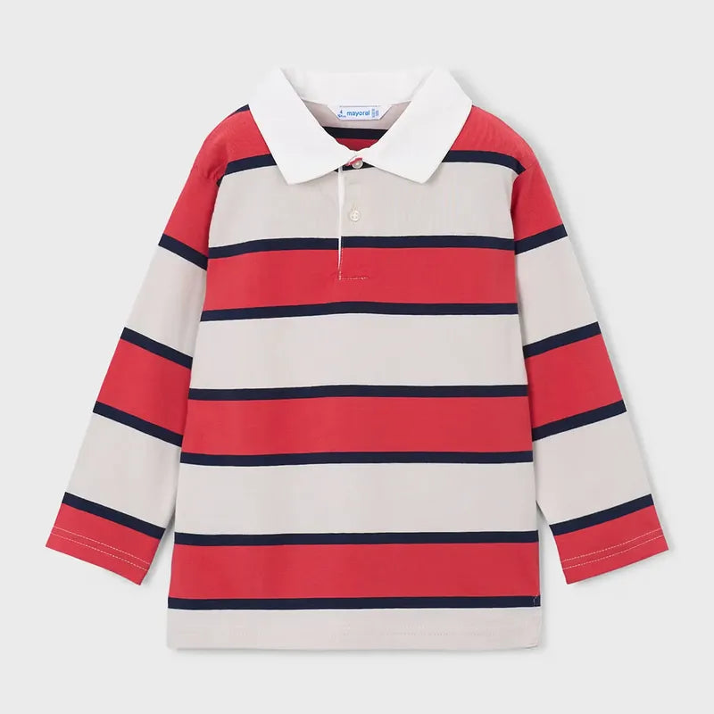 Playera Polo Casual Para Niño Mod.3111 Marca Mayoral® Tomate 5 Años Rayas