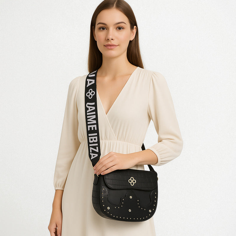 Bolso Crossbody Para Mujer Mod. Ji2226 Marca Jaime Ibiza® Negro Craquelado Dorado