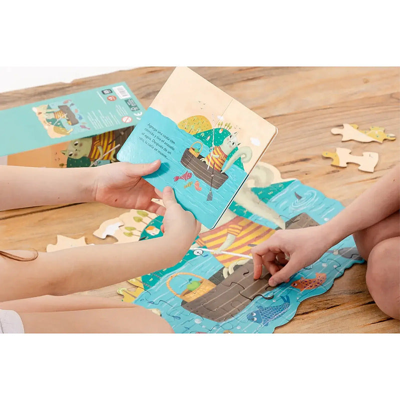 Libro + Rompecabezas Educativo Infantil 50pz El Gato Al Agua