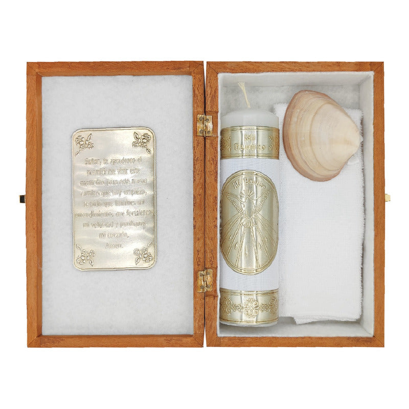 Set Para Bautizo Vela+concha+toalla+caja De Madera