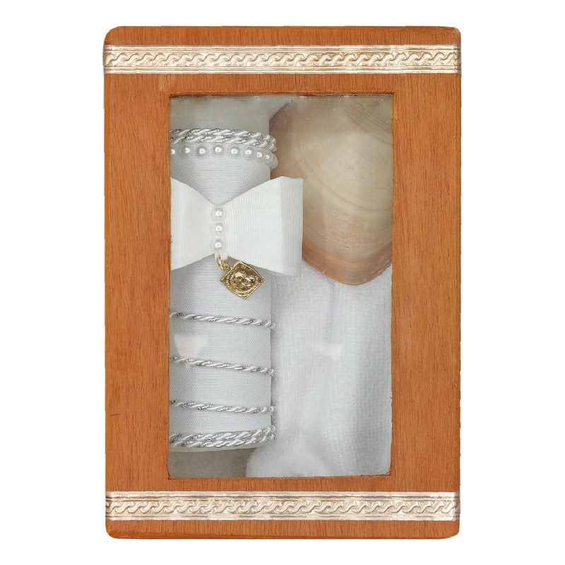 Set Para Bautizo Vela+concha+toalla+caja De Madera