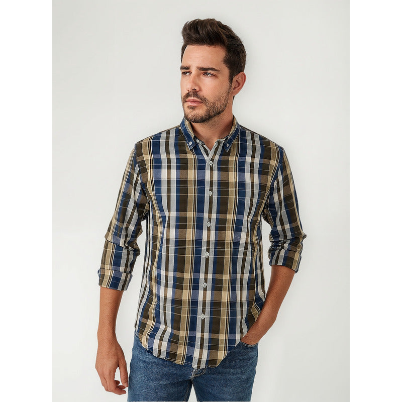 Camisa Manga Larga Para Hombre Mod.71078 Marca Jause® Chocolate Geométrico Ch