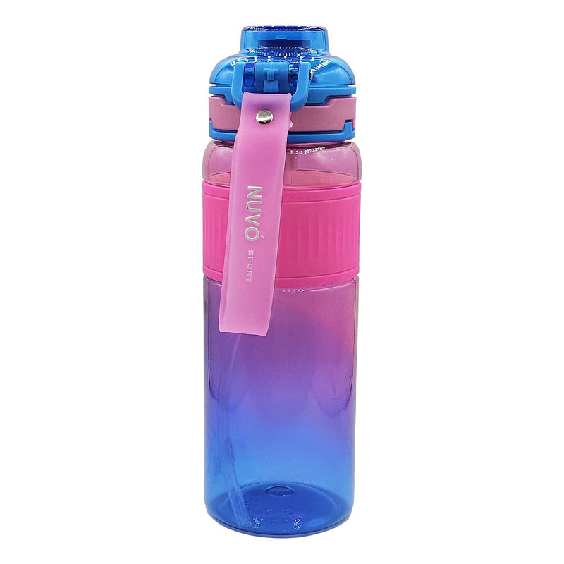 Botella Con Correa 1lt Con Popote Marca Nuvó® Sport Fucsia- Azul