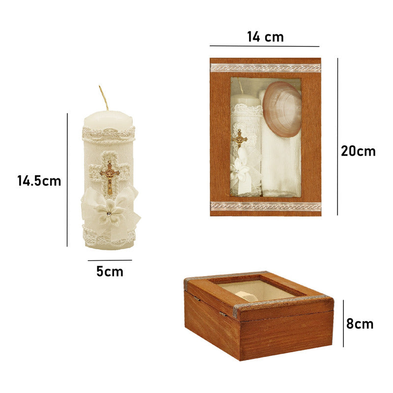 Set Para Bautizo Vela+concha+toalla+caja De Madera
