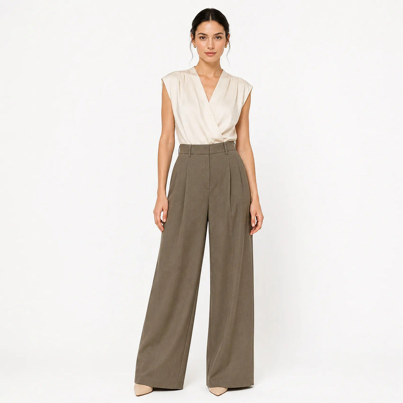 Pantalon Formal Holgado Para Mujer Mod. Pg00671 Ferriano® Marrón Claro Lisa Ch