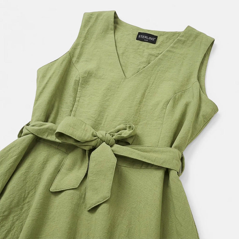 Vestido Con Cinto Para Mujer Mod. Barak Marca Sterling® Musgo Lisa Ch